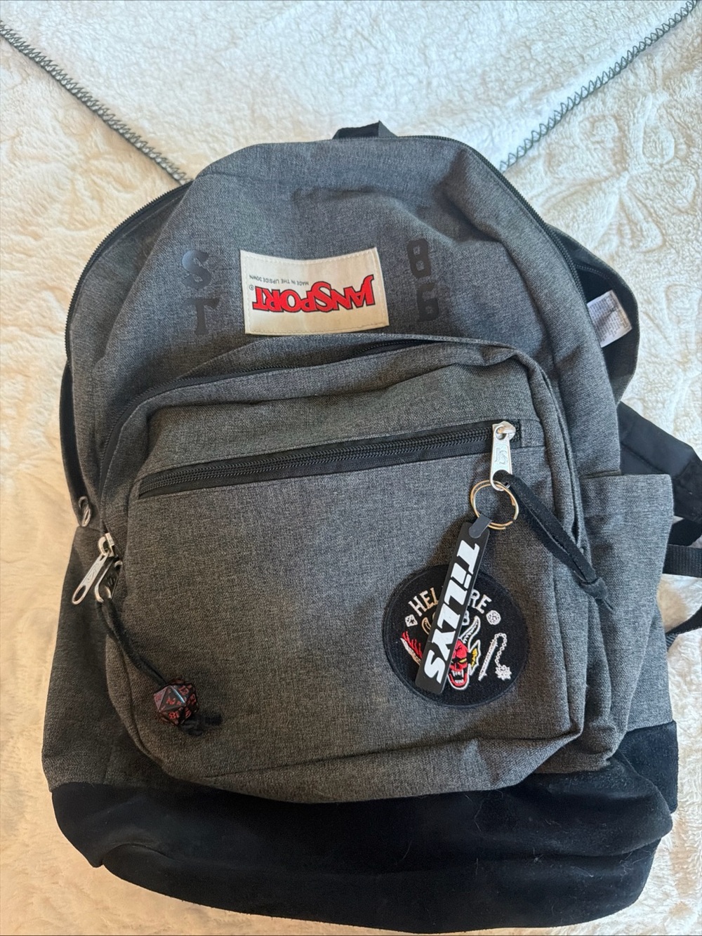 Stranger Things Jansport Grey Backpack with Black Base and Red Logo